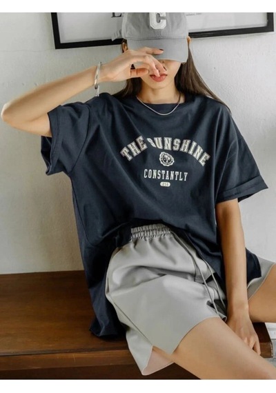 Flood Of Style Kadın Lacivert Beyaz The Sunshine Baskılı Oversize Bisiklet Yaka Tshirt