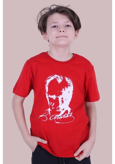Panios Kids Imzalı Atatürk Baskılı Unisexs T-shırt Kırmızı - Beyaz