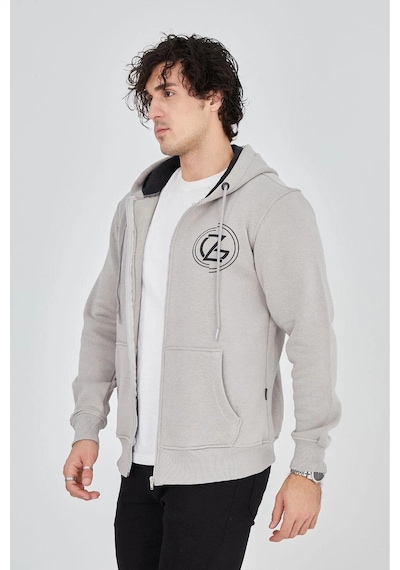 Erkek 3 İplik Pamuklu Fermuarlı Kapüşonlu Kanguru Cepli Hoodie - Boyalı Gri