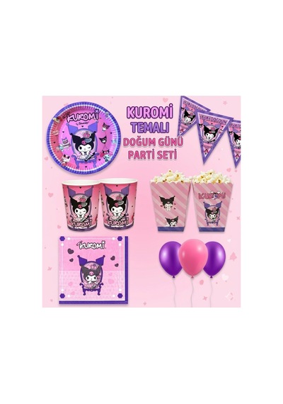 Kuromi Temalı Doğum Günü Parti Seti 8 Kişilik Tabak, Bardak, Balon, Flama, Popcorn Kutusu, Peçete