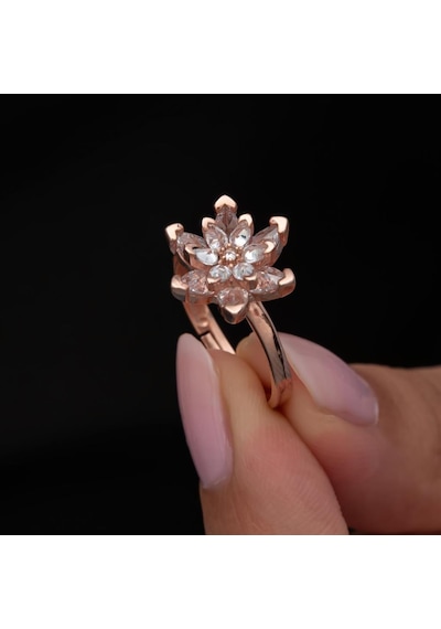 Pembe Lotus Çiçeği Rose Gümüş Kadın Yüzük
