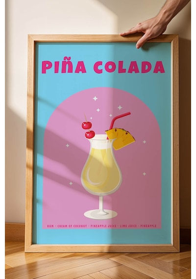 Pina Colada Temalı Renkli Çerçeveli Tablo Modern Mutfak Ve Bar Duvar Dekoru Kayın