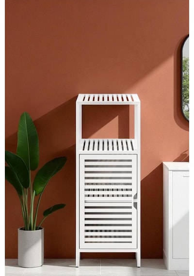 Digithome Bambu Beyaz Lake 1 Kapaklı 2 Raflı Banyo Düzenleyici Organizer Dik Dolap Db-0044 Beyaz