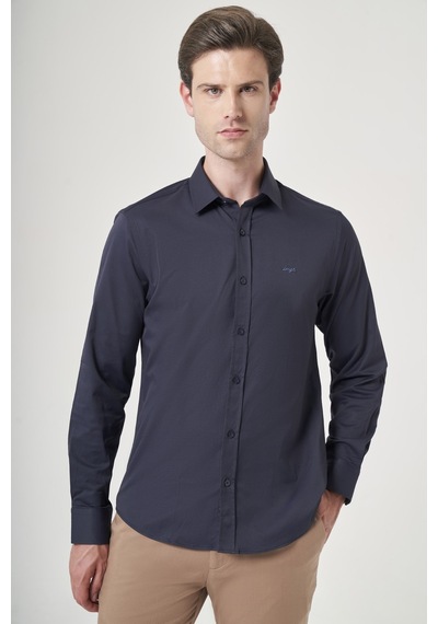 İmza Lacivert Sert Yaka Uzun Kol Cepsiz Slim Fit Pamuklu Gömlek 1004260213 Koyu Lacivert