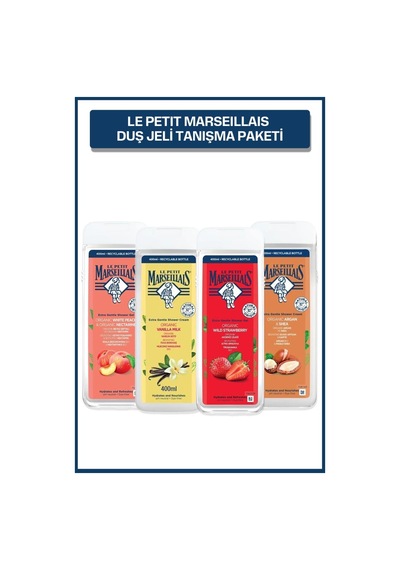 Le Petit Marseillais Organik Beyaz Şeftali ve Nektarin + Vanilya Sütü + Akdeniz Çileği + Argan & Shea Duş Jeli 4 x 400 ML﻿﻿