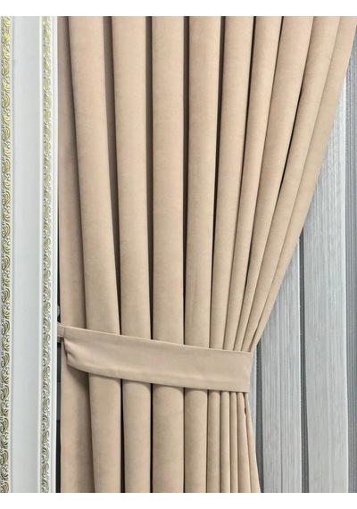 Bej Petek Kadife Fon Perde Ekstrafor Büzgülü Ütü İstemez Fon Bej
