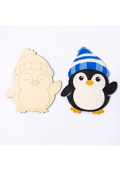 Sevimli Penguenler Ahşap Boyama Etkinlik Seti Eğitici Çocuk Aktivite Fırça Akrilik Boya Kreş Okul