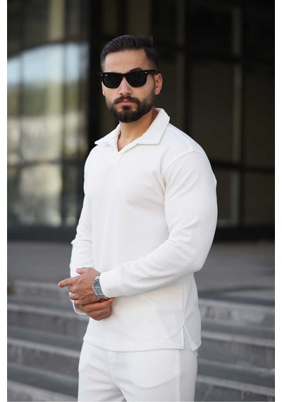 Mfz Giyim Petekli Alt Üst Pantolon Ve Patlı Yakalı Erkrk Sweat Takımı Beyaz