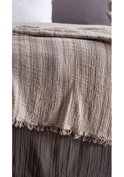 Boho Çizgili Yatak Örtüsü 4 Katlı Müslin%100 Pamuk Yumuşak Lüks Yazlık Pike Çift Kişilik Battal Boy 240x260 Cm Gri Çok Renkli
