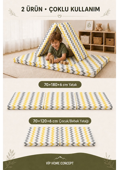 2 Li Katlanabilir Çocuk Oyun Minderi ve Yer Yatağı Seti 70x180 + 70x120 CM 6 CM - Sarı Gri Zikzak