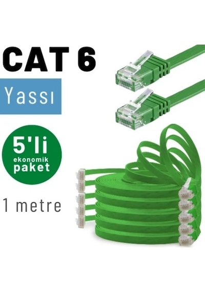Irenıs 5 Adet 1 Metre Yeşil Cat6 Kablo Yassı Ethernet Network Lan Ağ İnternet Kablosu