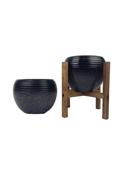Bitki Tasarımı Ev Dekorasyon  Siyah Granit Küp Saksı Saksılık Salon Çiçeklik İkili Set (4 Ayaklı-Ayaksız)