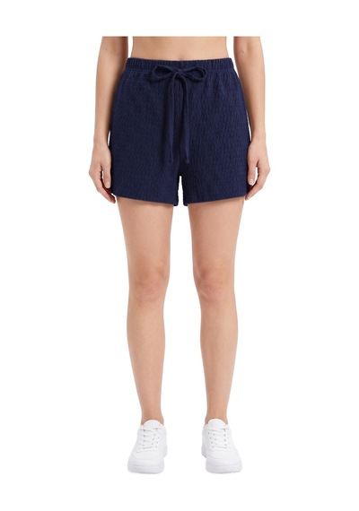 Cottonhıll Premium - Tide Collection Lacivert Bağcıklı Bürümcük Dokulu Rahat Kesim Kadın Şort