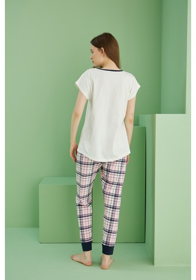 Siyah İnci Pamuklu Bisiklet Yaka Örme Pijama Takım25117065 Ekru