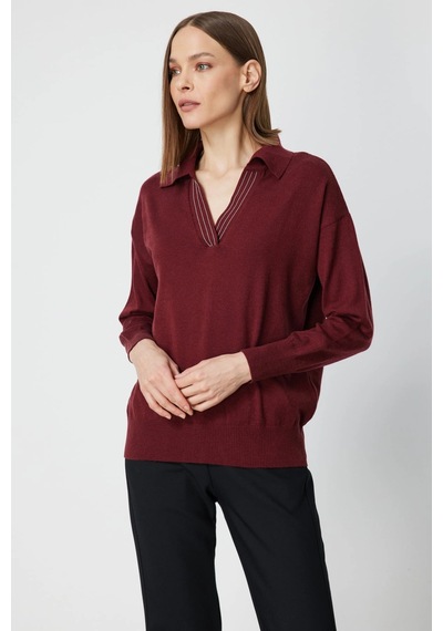 On Fashion Kadın Yakası Zincirli Polo Yaka Bordo Kazak 66336 Bordo