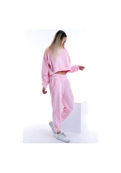 Dreamlike Kadife Yuvarlak Yaka Uzun Kollu Sweatshirt Cepli Bel Lastikli Pantolon Takım Pembe