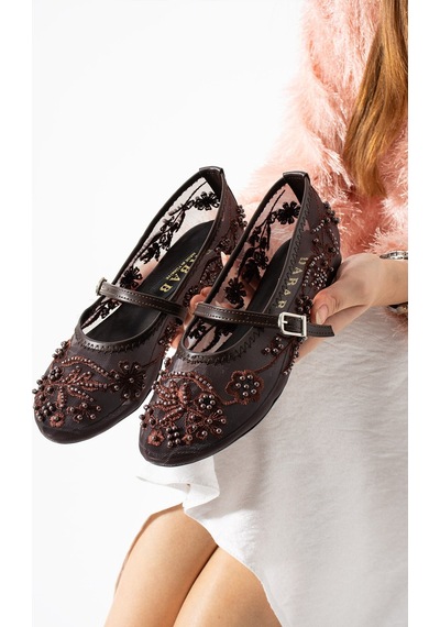 Dabab Shoes Flora Kadın Acı Kahve İnci İşlemeli Tül Dokulu Bantlı Babet Düz Ayakkabı Kahverengi