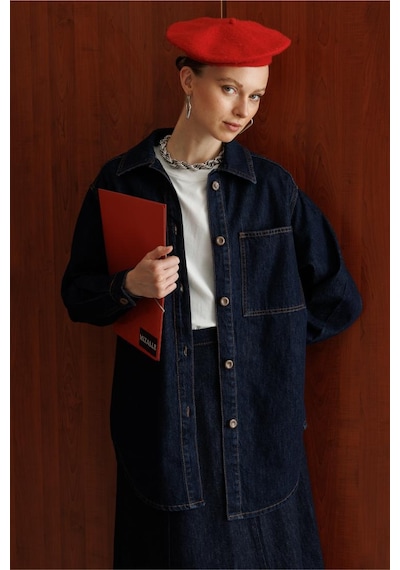 Mizalle Oversize Cepli Düğmeli Lacivert Denim Tunik