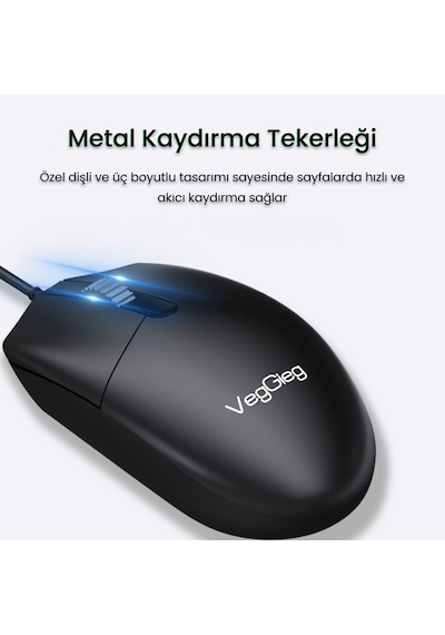Veggieg G005 Optik 3 Tuşlu Sağ Ve Sol Elle Kullanıma Uygun Usb Kablolu Mouse Siyah Diğer
