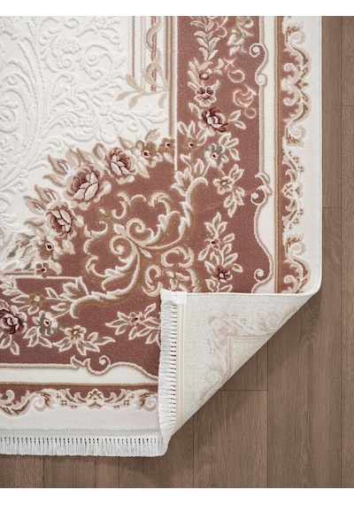 Fontana Ft003p Krem Kahve Akrilik Halı Klasik Desen Pamuk Taban Tozu Az Salon Oturma Odası Halısı-1046 Krem