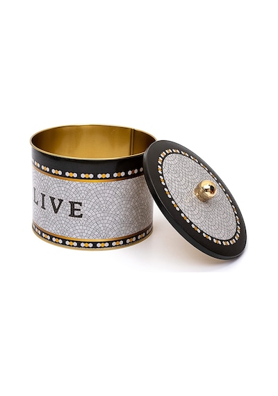 Mosaic Live Desenli Topuz Kulplu Yuvarlak Metal Saklama Kabı 17.5 x 13 CM 2.9 L Çok Renkli