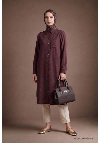 Armine Trend Boydan Düğmeli Cep Detaylı Gömlek Yaka Tunik Bordo 26kt461