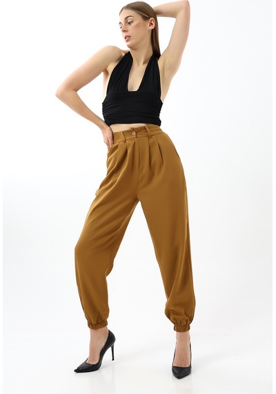 Winmoda34 Kadın Maskülen Paçası Lastikli Jogger Kumaş Pantolon Hardal