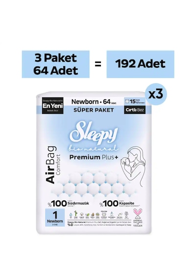 Sleepy Bio Natural Premium Plus Airbag Comfort Mega Paket Bebek Bezi 1 Numara Newborn 192 Adet