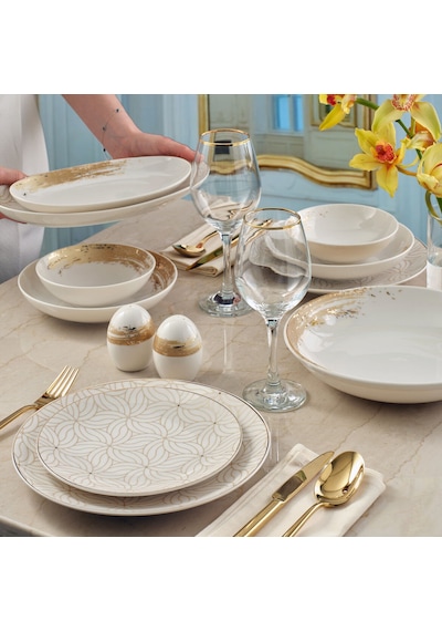 GÜRAL CAMELIA 54 PARÇA 12 KİŞİLİK KARE YEMEK TAKIMI GOLD 6420