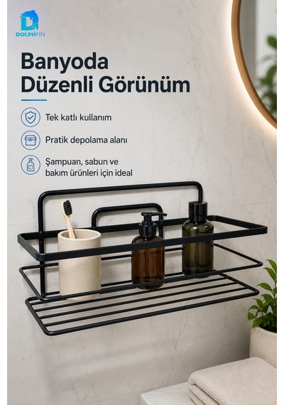 Tek Katlı Siyah Metal Çok Amaçlı Raf Duvar Rafı Banyo Mutfak Düzenleyici Organizer