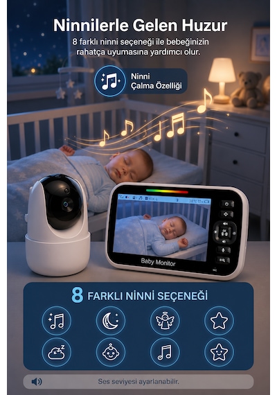 Bebek Kamerası Lcd Ekranlı 5'' İnç Gece Görüşlü Ninni Söyleyen Ağlama Sensörlü Bebek Odası Kamerası
