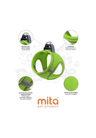 Mita Air Mesh Kedi Köpek Göğüs Tasması Çift Reflektörlü, Terletmeyen Neon Yeşil