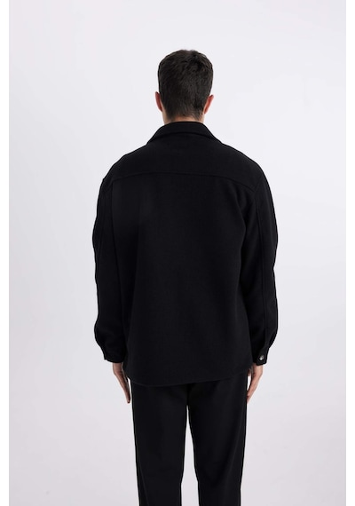 DeFacto Relax Fit Polo Yaka Yün Görünümlü Düğmeli Cepli Gömlek Ceket B7382AX24SPBK81