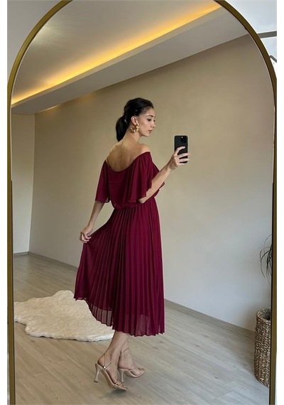 Neşeli Butik Kadın Omzu Açık Piliseli Midi Şifon Elbise Nm006 Bordo