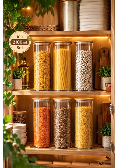Porsima 4-3 Bambu Vakumlu Kapaklı Yuvarlak Borosilikat Cam 6lı Kavanoz Seti Saklama Kabı 2100ml 10x30cm Cam - Şeffaf