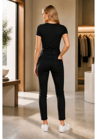 Woddi Tof Kadın Siyah Mom Likralı Jean Kot Pantolon New-5