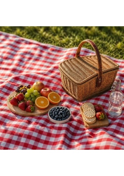 Katlanabilir Su Geçirmez Piknik Matı - Çanta Formlu Plaj Ve Kamp Örtüsü - 205x160 Cm, Kareli Kırmızı Çok Renkli