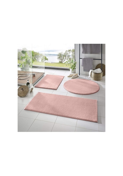 Plato Halı 3'lü Banyo Paspası Halısı Peluş Halı Klozet Takımı Pudra-pembe 50x90-50x60--50x50 Yuvarlak -