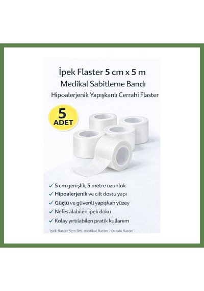Bezos İpek Flaster 5 Cm X 5 M 5 Adet Medikal Sabitleme Bandı Hipoalerjenik Yapışkanlı Cerrahi Flaster Hb006