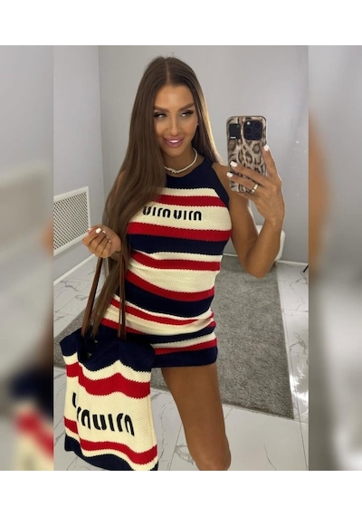 Veraura Lifestyle Kadın Omuzlardan Açık Çok Renkli Kısa Triko Elbise Desenli