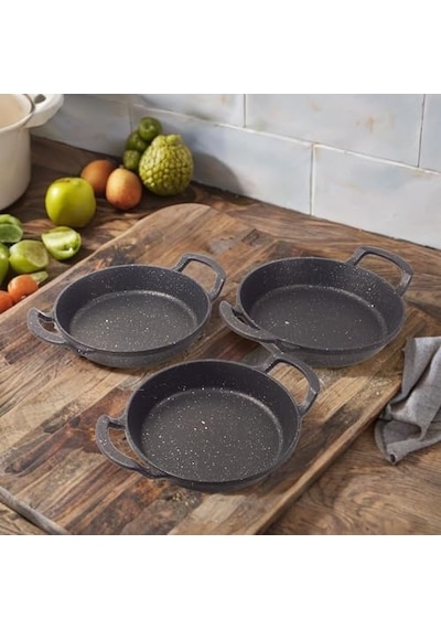 3&apos Lü Döküm Sahan Seti, 3&apos Lü Yumurta, Omlet Tavası, 3 Boy Döküm Siyah Granit Sahan Tava 22cm-20cm-18cm Açık Gri