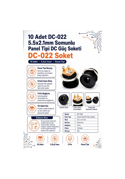 10 Adet Dc-022 5.5x2.1mm Somunlu Panel Tipi Dc Güç Soketi