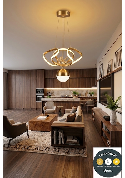 Dron Model 3 Renkli Modern Gold Led Sarkıt Avize - Alt Küre Aydınlatmalı Salon Mutfak Avizesi