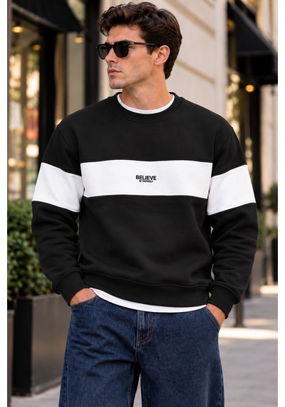 Tarz Cool Erkek Şerit Detaylı Believe Baskılı 3 İplik Şardonlu Bisiklet Yaka Sweatshirt Siyah