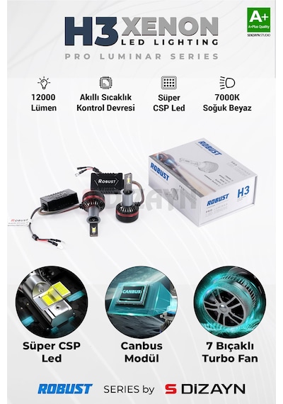 S-dizayn Pro Luminar H3 Led Xenon / 60w / 12000lm / 7000k A+ Kalite