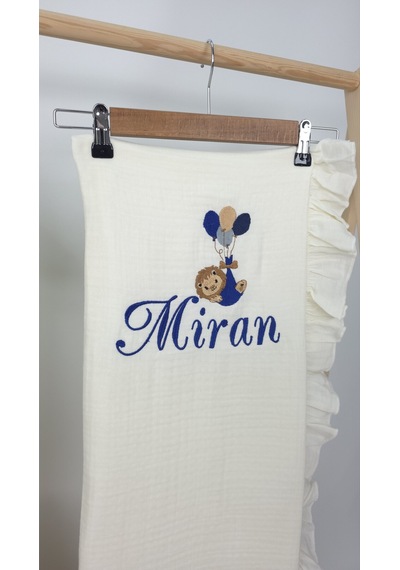 Gros Shop Müslin Yeni Doğan 4katlı Organik %100pamuk Kişiye Özgü Nakışlı Hastane Çıkış Seti Balonlu Aslan-4 Ekru