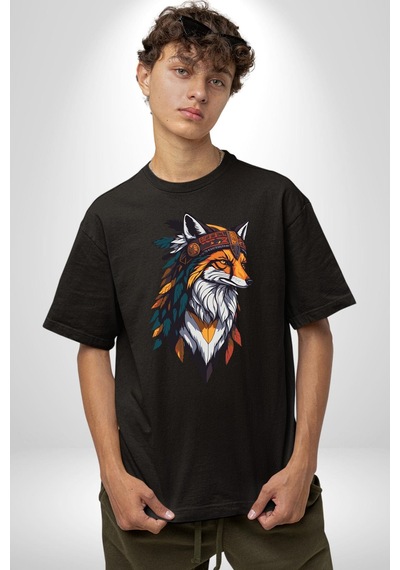 Kızılderili Tilki Pamuklu Bisiklet Yaka Unisex Oversize Boyfriend Dijital Baskılı Siyah T-shirt Siyah