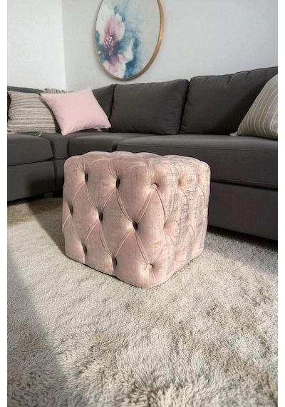 Küp Puf - Best İthal Kadife Babyface Kumaş Varak Baskı - Modern Ve Şık Dekoratif Puf&bench Pembe - Pudra