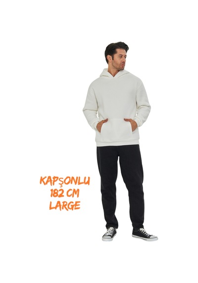 Pxm Erkek Beyaz 3 İplik Şardonlu Oversize Hoodie Kapüşonlu Sweatshirt Kırık Beyaz Kırık Beyaz