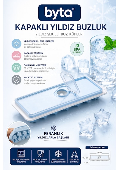 Kapaklı Yıldız Buz Kalıbı - Pp+tpe Plastik, Gıda Temasına Uygun, Sızdırmaz, Kolay Çıkarılabilir Mor Pembe Mavi 1 Adet Karışık Renkte Gönderilir Diğer